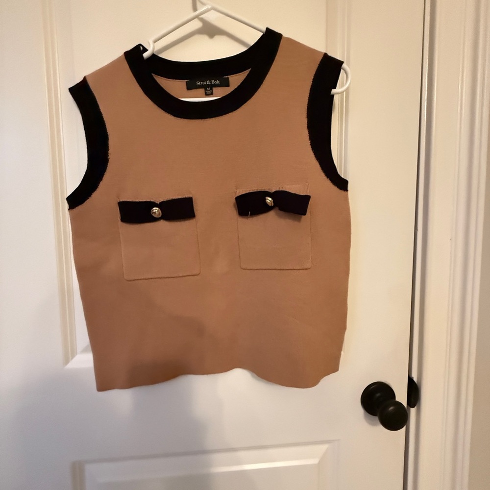 Tan Sleeveless Womans Top with Black Trim by
